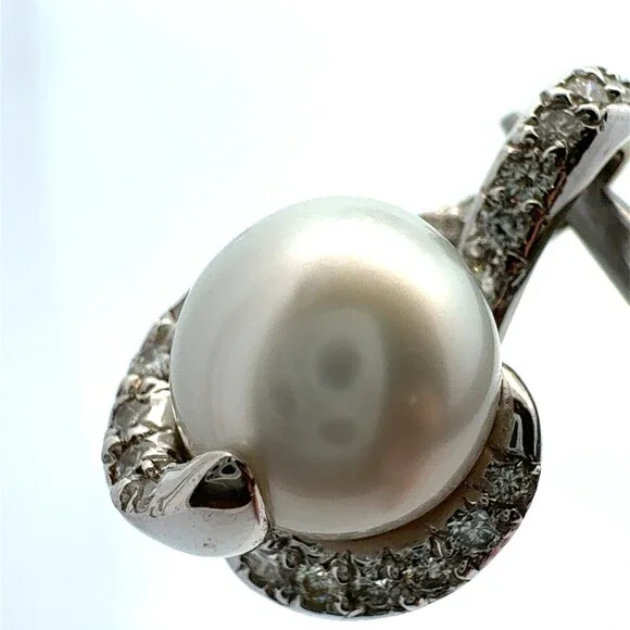 Estate 14k White Gold 10mm Pearl Pave Diamond Accented Statement Pendant